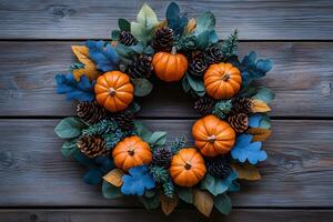 Autumn Wreath with Pumpkins and Pine Cones on Rustic Wooden Background for Seasonal Decor photo