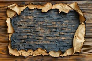 Vintage Burnt Paper on Wooden Table Surface for Rustic Design and Background Concepts photo