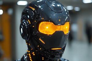 Futuristic Robotic Head with Glowing Orange Lights for Technology and Design Themes photo
