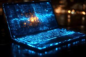 Futuristic Digital Technology Concept High-Tech Laptop with Virtual Interface Glow photo