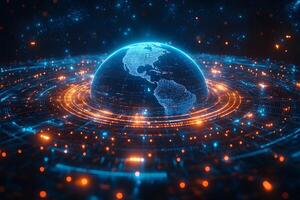 Futuristic Digital Earth Surrounded by Data Network for Technology and Innovation Concepts photo