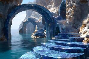 Mystical Oceanic Grotto with Majestic Stone Arches and Spiral Stairs Design for Artistic Inspiration, Generative photo