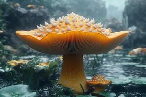 Enchanted Forest Scene with Vibrant Orange Mushrooms in Mystical Atmosphere, Generative photo