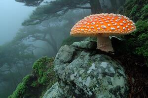 Mystical Forest Scene with Fly Agaric Mushroom on Moss-Covered Rock in Foggy Atmosphere, Generative photo