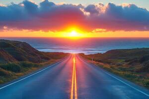 Sunset Over Coastal Highway Tranquil Ocean Horizon and Scenic Roadway Exploration, Generative photo