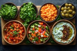 Vibrant Mediterranean Appetizer Platter with Fresh Salads and Dips for Culinary Design, Generative photo