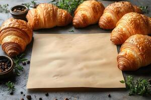 Freshly Baked Croissants on Rustic Table with Empty Parchment for Recipe or Menu Design, Generative photo