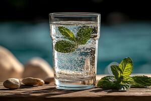 Refreshing Mint Sparkling Water by the Pool for a Summer Vacation Experience, photo