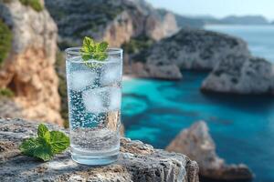 Refreshing Sparkling Water with Mint Overlooking Coastal Cliff Ocean View, photo