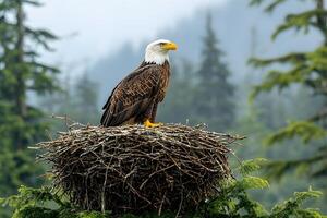 Majestic Bald Eagle Guarding Nest in Forested Habitat - Wildlife, Conservation, Nature Photography photo
