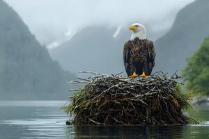 Majestic Bald Eagle Perched on Nest Amidst Misty Mountain Lake - Wildlife Photography photo