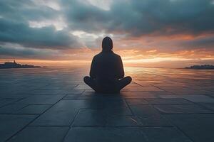 Solitude and Reflection Meditative Serenity at Sunset for Mindfulness and Calm photo