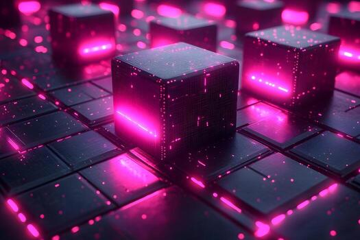 futurista blockchain tecnología concepto con brillante rosado cubitos para digital innovación y datos seguridad diseño foto