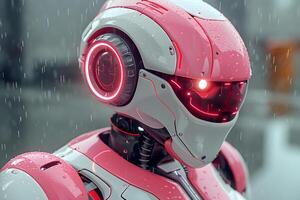 Futuristic Pink and White Robot in Rainy Sci-Fi Setting for Technology Design photo