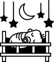 A baby is sleeping in a crib with a moon and stars above it vector