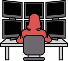 A man in a red hoodie sits in front of a computer monitor with a keyboard vector