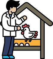 A man in a white lab coat is feeding a chicken vector