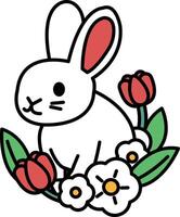 A rabbit is sitting in front of a bunch of flowers vector