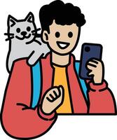 A man is holding a cell phone and smiling while a cat sits on his shoulder vector