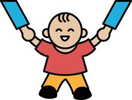 A cartoon of a smiling boy holding two blue sticks vector