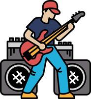 A man is playing a guitar in front of two speakers vector