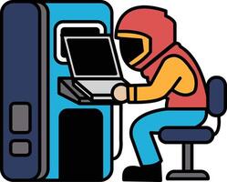 A man is sitting in front of a vending machine, typing on a laptop vector