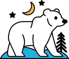 A cartoon bear is walking on a snowy hill with a moon in the sky vector