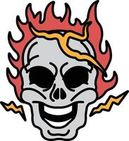 A skull with a smile on its face and flames coming out of its head vector