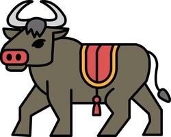 A cartoon cow with a red and yellow saddle on its back vector