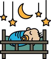 baby is sleeping in a crib with a moon and stars in the background vector