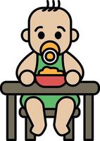 A baby is sitting at a table with a bowl of food in front of him vector