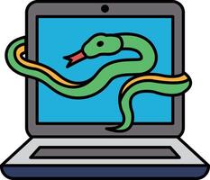 A green and yellow snake is wrapped around a laptop computer vector