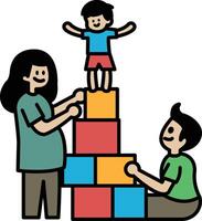 A woman and two children are building a tower out of blocks vector