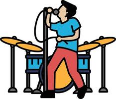 A man in a blue shirt is singing into a microphone while standing in front of a vector