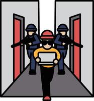 Three men are running down a hallway, one of them holding a laptop vector