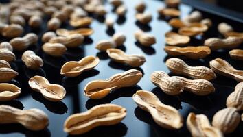 Open peanut shells arranged on a glossy surface. photo