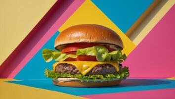 Vibrant burger presentation on colorful geometric backdrop with playful shadows and angles photo