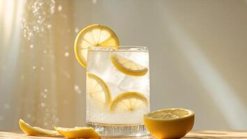 Refreshing Lemonade With Ice and Fresh Lemon Slices on a Sunny Table photo
