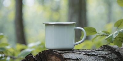 White Enamel Mug on Tree Log in Natural Outdoor Setting photo