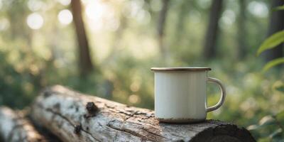 Rustic White Enamel Mug on Wooden Log in Nature Setting photo