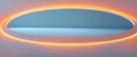 Illuminated round stage with vibrant orange lights and soft blue background photo