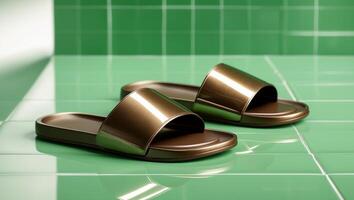 Brown metallic shiny slides on green tile background. photo