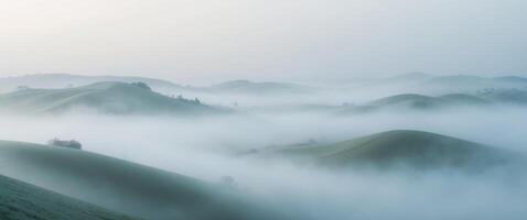 Misty rolling hills enveloped in fog create a serene ambiance at dawn. photo