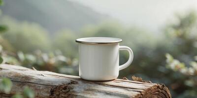 Classic White Enamel Mug on Rustic Log in Nature Background photo