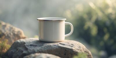 White Enamel Mug on Rock with Nature Background in Soft Light photo