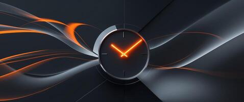 Abstract clock glowing in bright orange tones with surrounding digital motion effect. photo