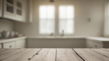 Empty wooden tabletop with blurred kitchen background with windows. photo