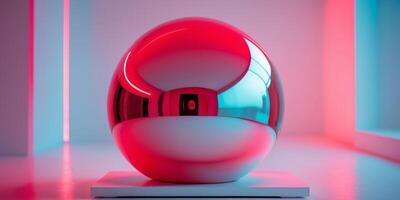 A Reflective Sphere Resting on a Platform with Red and Blue Lighting. photo