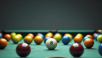 Eight Ball on Pool Table with Colorful Balls. photo