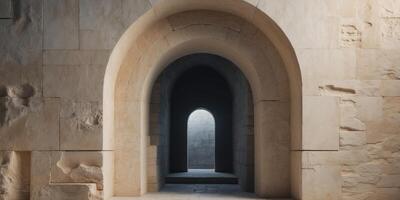 A Stone Archway Leading to a Dark Interior in an Ancient Structure photo